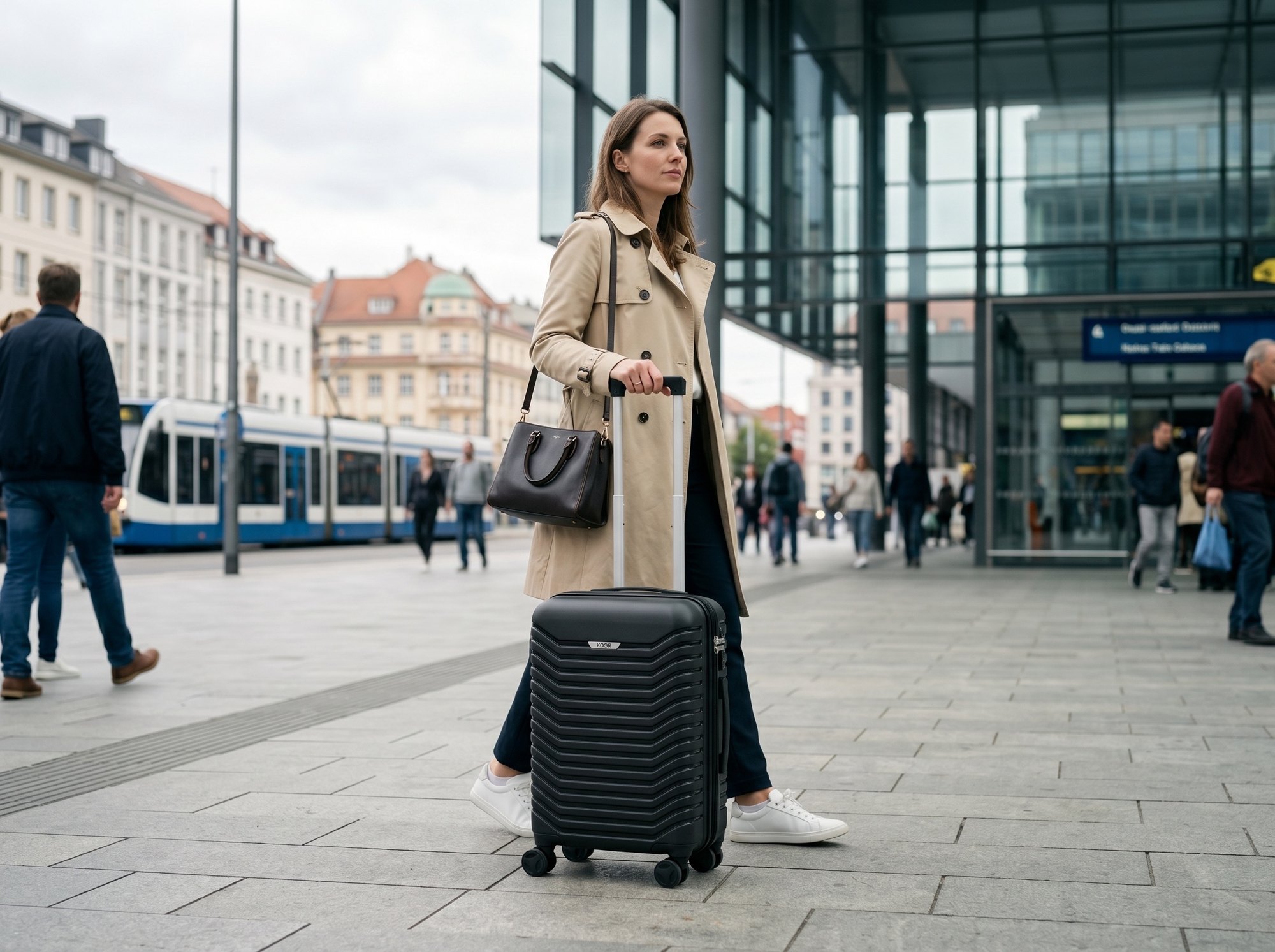 Am Tram — Stadt, Alltag und ein Koffer, der mithält.