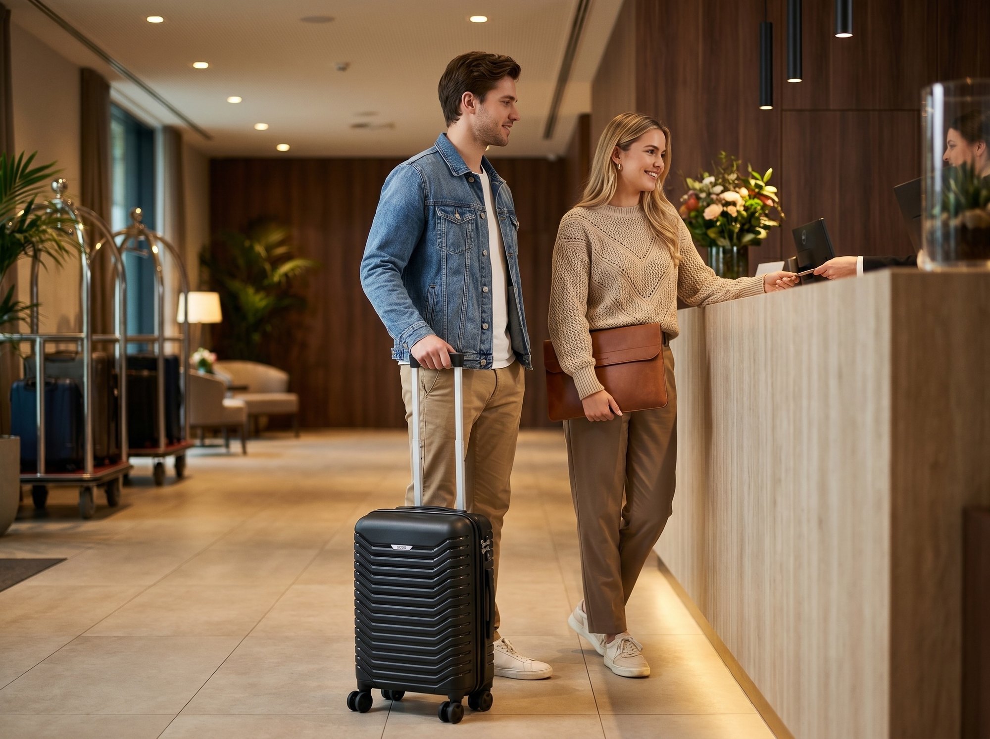 Check-in — angekommen, der Trolley an der Seite.