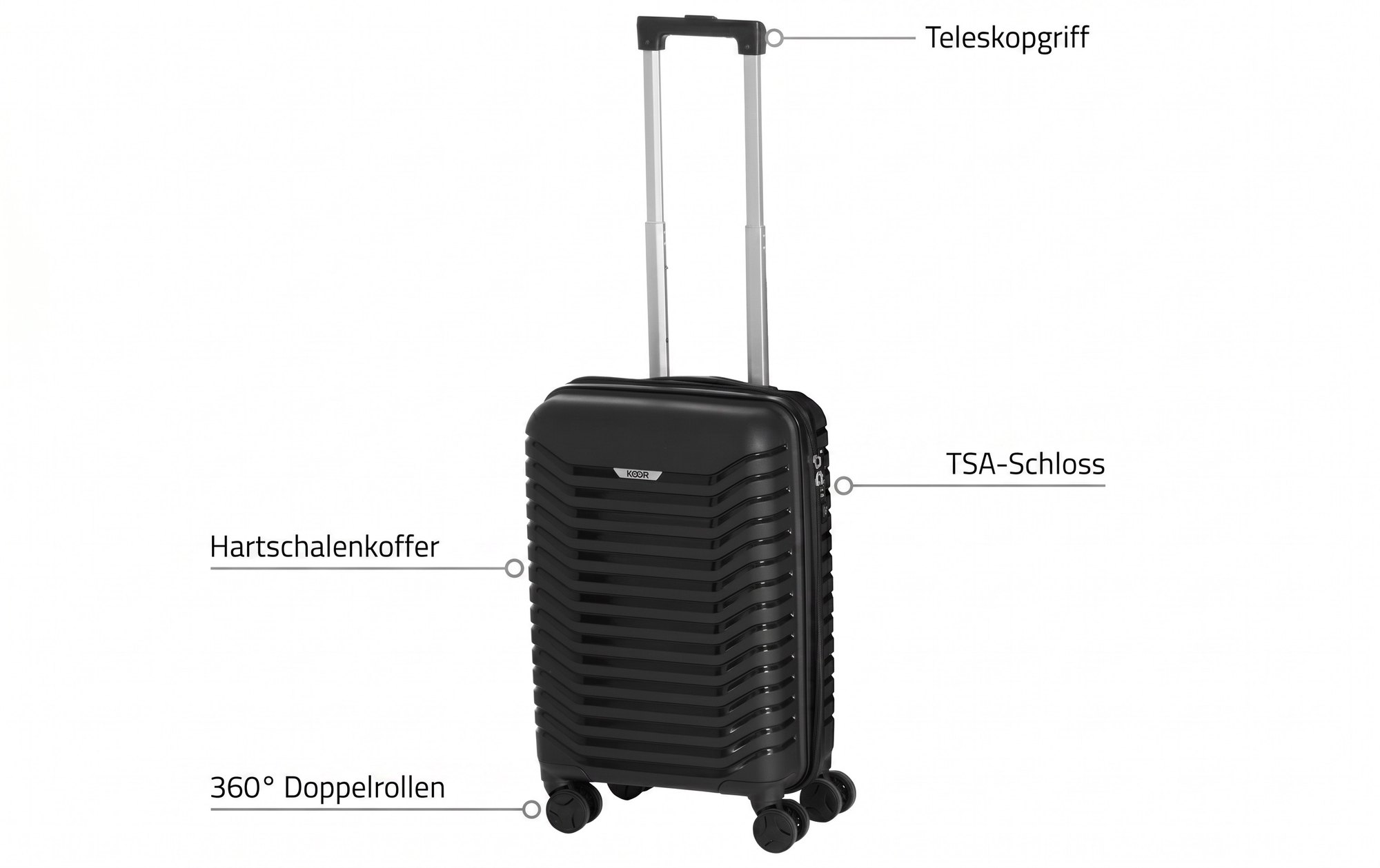 Aussen — Hartschale, TSA-Schloss, Teleskopgriff, 360°-Doppelrollen.